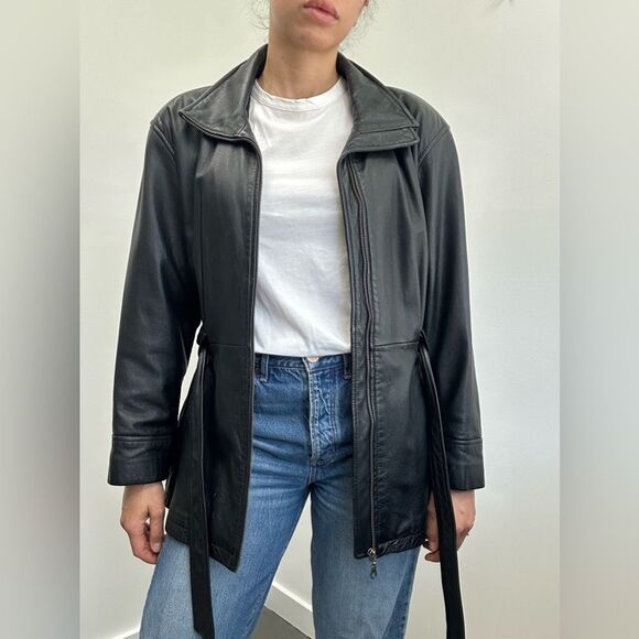 Jacqueline Ferrar 90's Vintage Black Leather Jacket Mid Length Waist Tie Size M - Picture 5 of 11